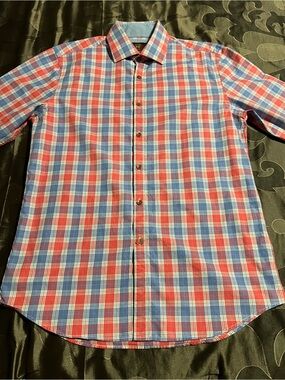 James Tattersall, London Men's Red & Blue Plaid Long-Sleeve Button-Down Shirt M